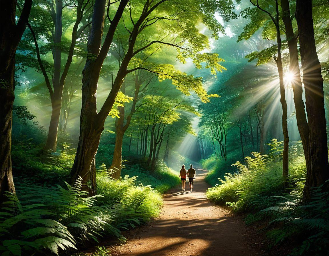 A serene pathway winding through a lush forest, sunlight filtering through vibrant green leaves, symbolizing the journey of love. Include a couple holding hands, their expressions filled with warmth and passion, walking together. Surround them with heart-shaped leaves and soft, glowing orbs representing guidance and loyalty. Capture the essence of hope and emotional depth in warm, inviting colors. super-realistic. vibrant colors. nature-inspired.