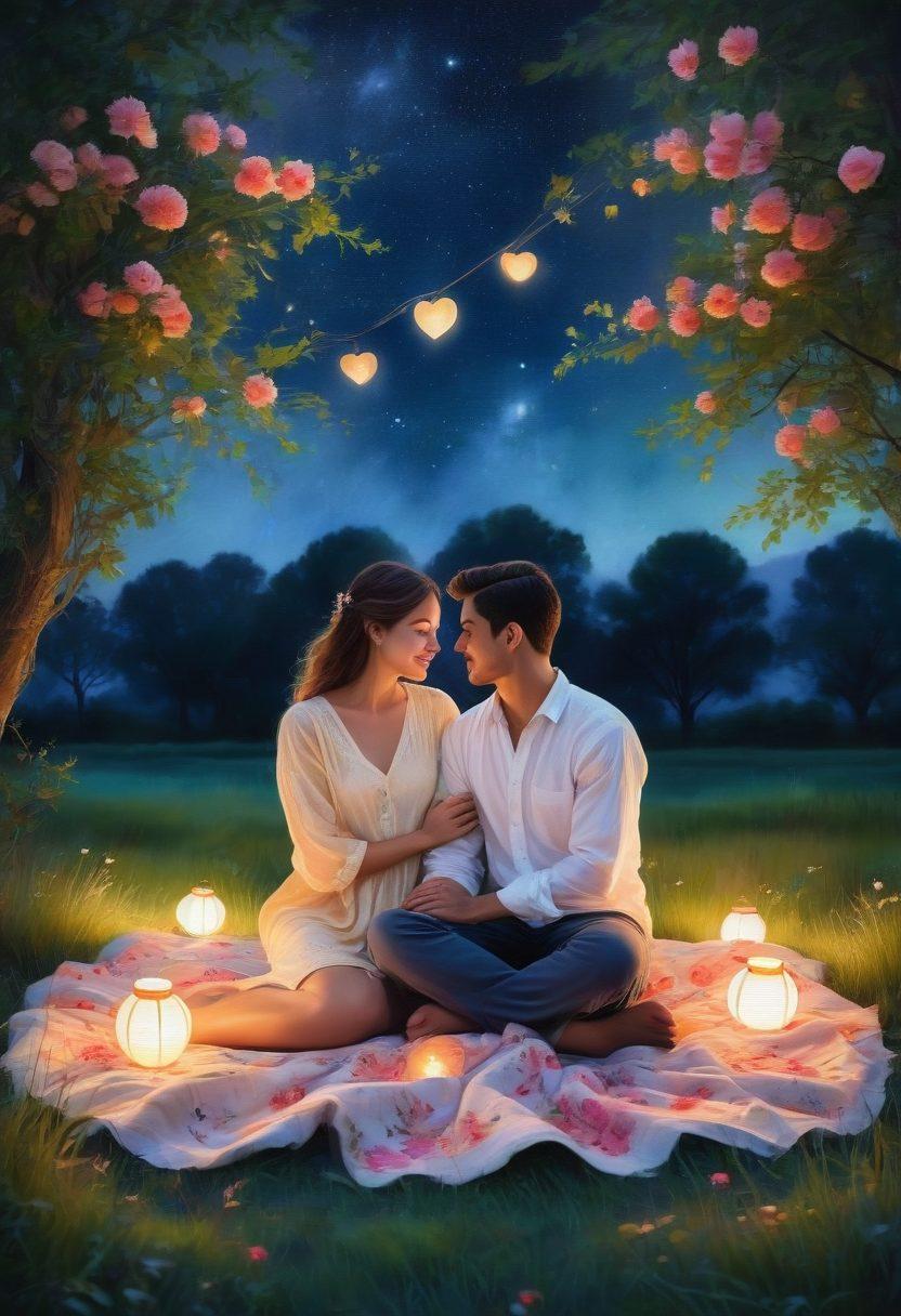 A romantic scene depicting a couple sharing a tender moment, sitting closely under a starry night sky with soft glowing lights around them. The background features a serene park with flowers symbolizing love, while the couple is engaged in deep conversation with warm smiles. Include elements like heart-shaped lanterns and gentle moonlight illuminating their faces. watercolor style. vibrant colors. dreamy atmosphere.